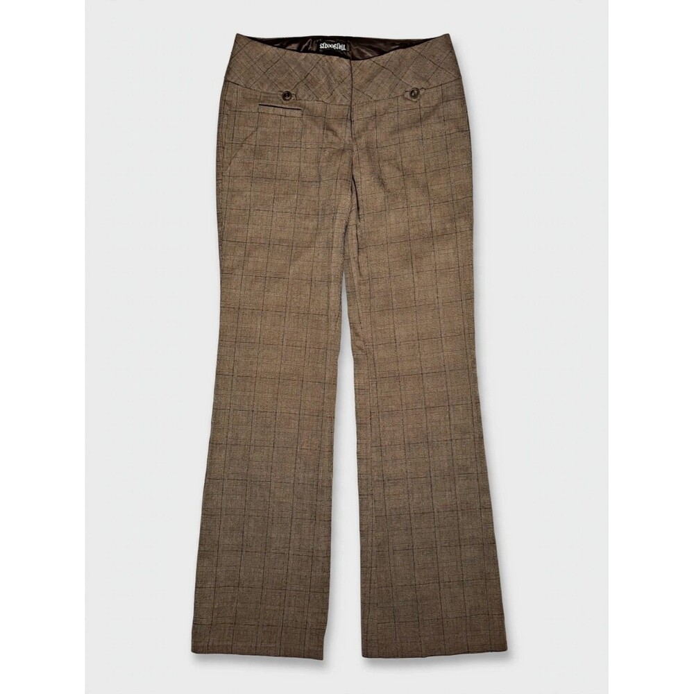 Y2K Juniors Brown Plaid Dress Pants 29 X 32 Flared Legs Lowrise Slacks Stooshy